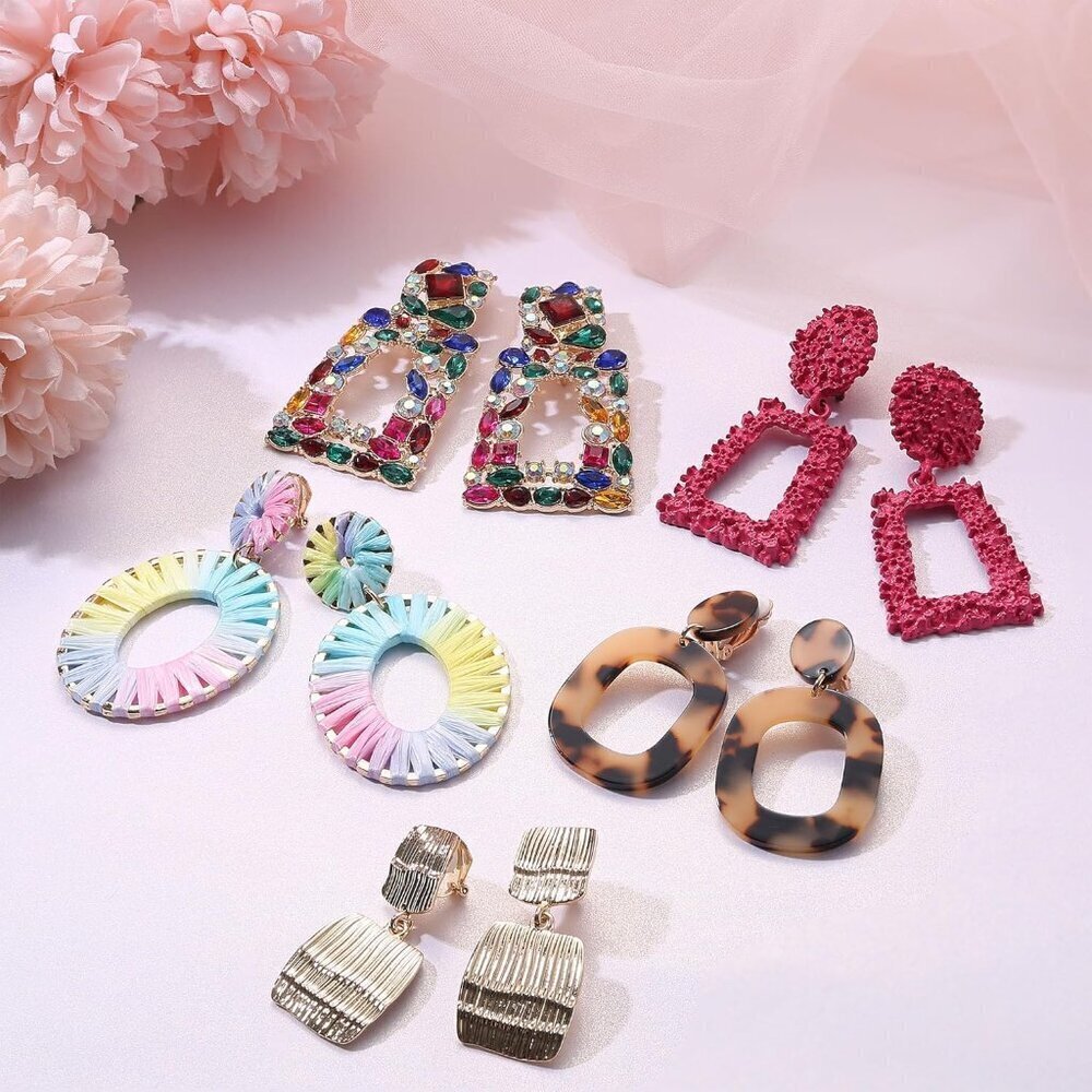 9 Pairs Clip On Earrings Women Fashion Acrylic Geometric Bohemian Statement - Picture 3 of 6
